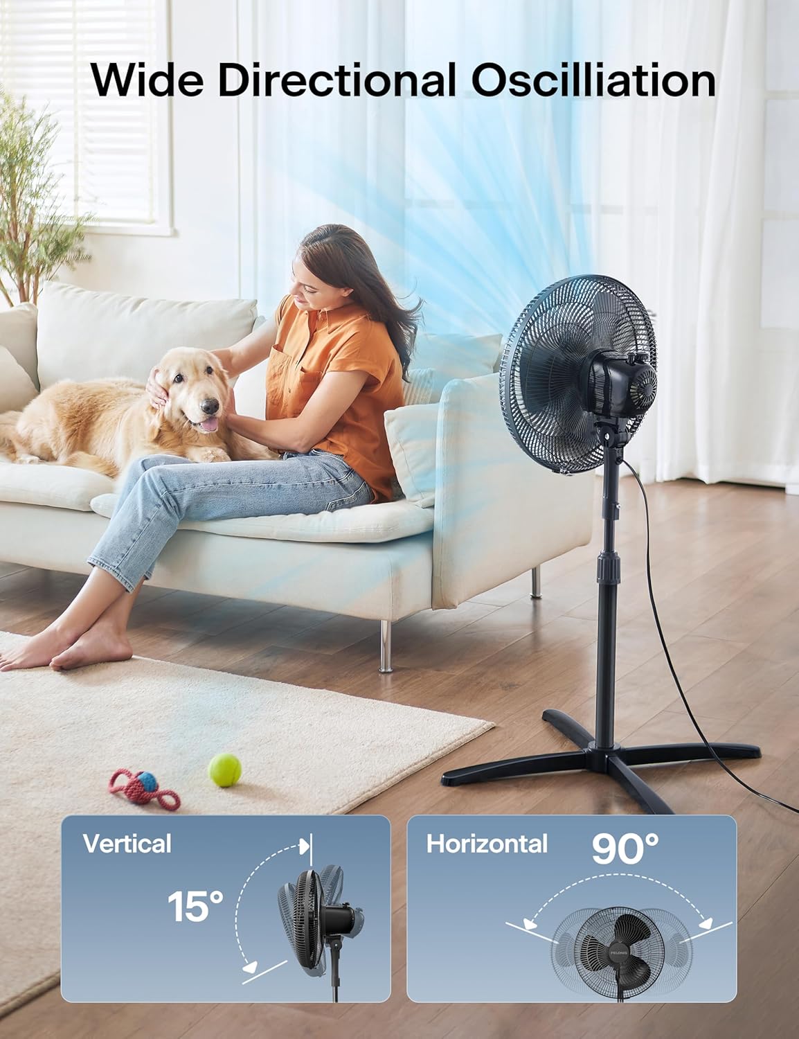 PELONIS 16 inch Pedestal Fan for Bedroom , Oscillating Fan, 3-Speeds, 90° Oscillation, Adjustable Height, Floor Fan, Standing Fan for Living Room, Kitchen, and Home office, Black
