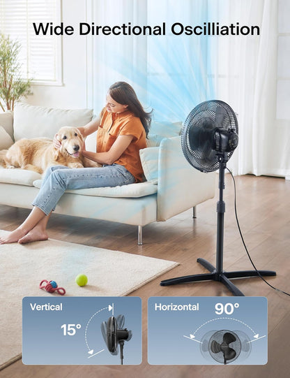 PELONIS 16 inch Pedestal Fan for Bedroom , Oscillating Fan, 3-Speeds, 90° Oscillation, Adjustable Height, Floor Fan, Standing Fan for Living Room, Kitchen, and Home office, Black