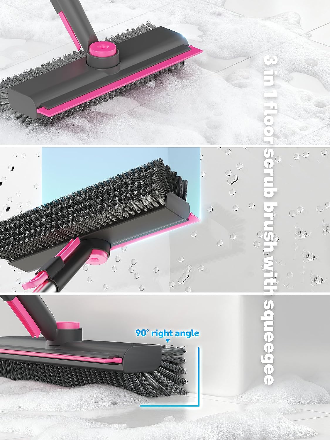 3 in 1 Floor Scrub Brush with Long Handle, Multi-Angle Swivel Head