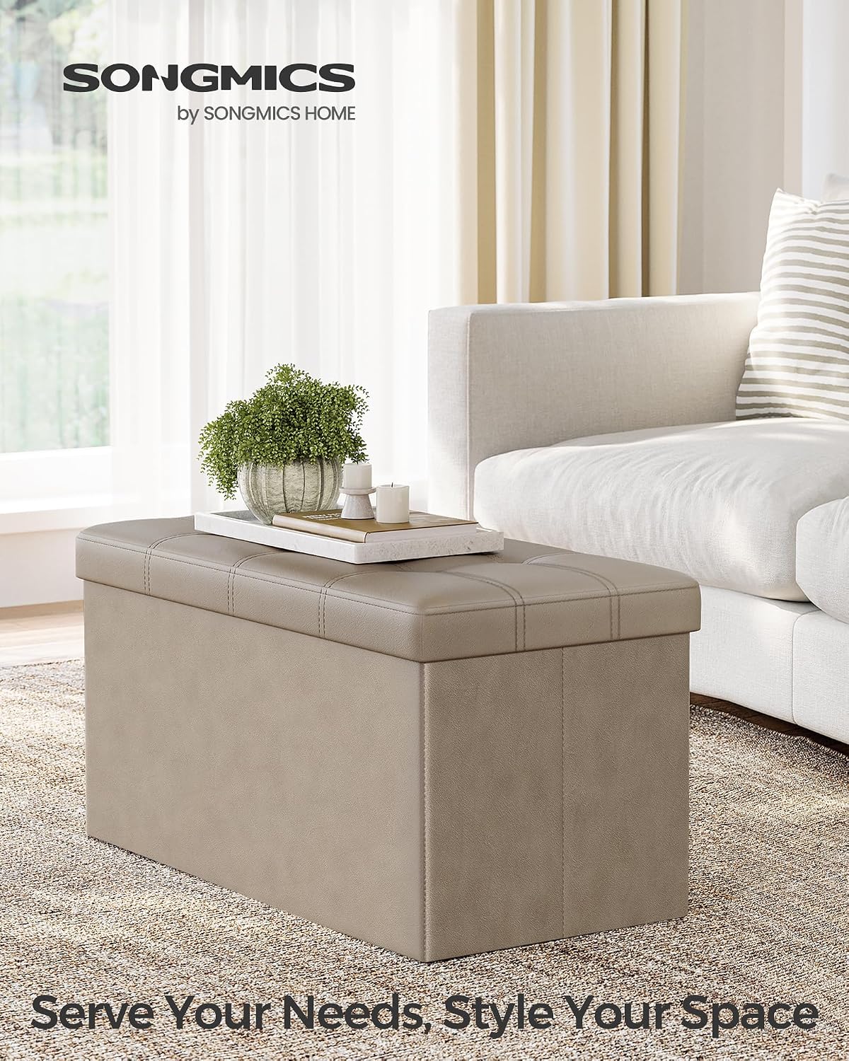 SONGMICS MAZIE Collection - 43 Inches Folding Storage Ottoman Bench, Ottoman with Storage, Foot Rest Stool, Load 660 lb, for Living Room, Synthetic Leather, Black ULSF701