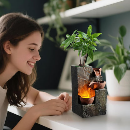 Tabletop Water Fountain – 3-Tier Rock Indoor Waterfall Fountain