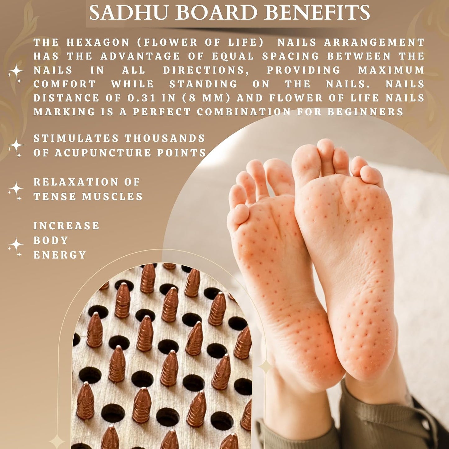 TENGRY Sadhu Board, Specially Crafted Aluminum & Copper Nails, Light Nail Board, 0.31 IN (8 mm), Beginners, Hexagon, Slim Sadhu Wood Board for Standing on Nails, Acupuncture Foot Massage, Yoga Gift