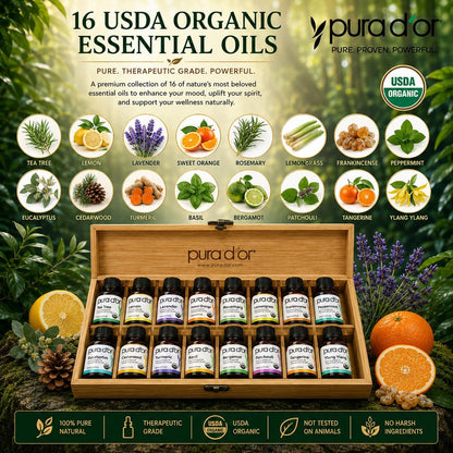 PURA D'OR Organic Sweet16 Essential Oils Set - 16x 10mL Wood Box Aromatherapy Gift Set - 100% Pure Therapeutic Grade for Relaxation and Wellness (Lavender, Rosemary, Turmeric, Ylang Ylang & More)