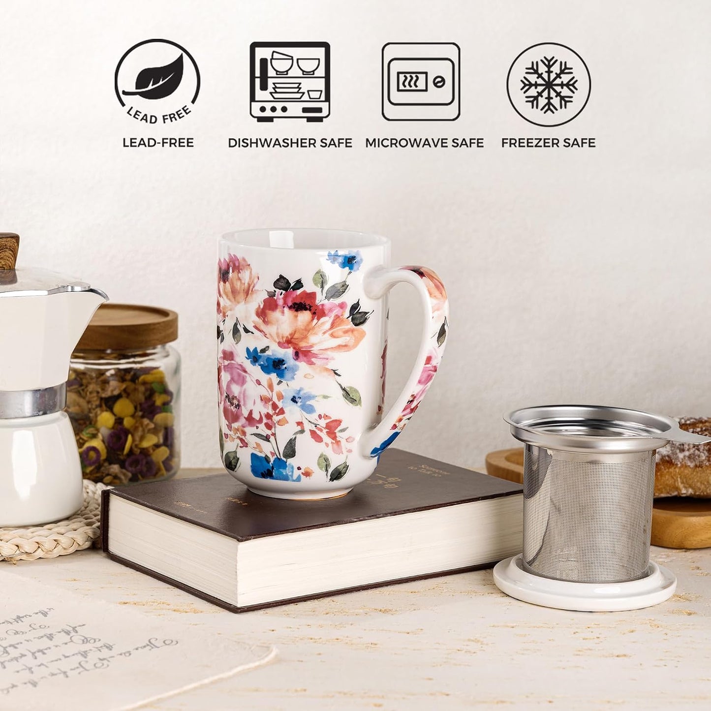 GBhome Tea Mug with Infuser and Lid, 18 Ounce Large Ceramic Loose Leaf Cup, Microwave, Dishwasher Safe, Perfect for Tea Lovers
