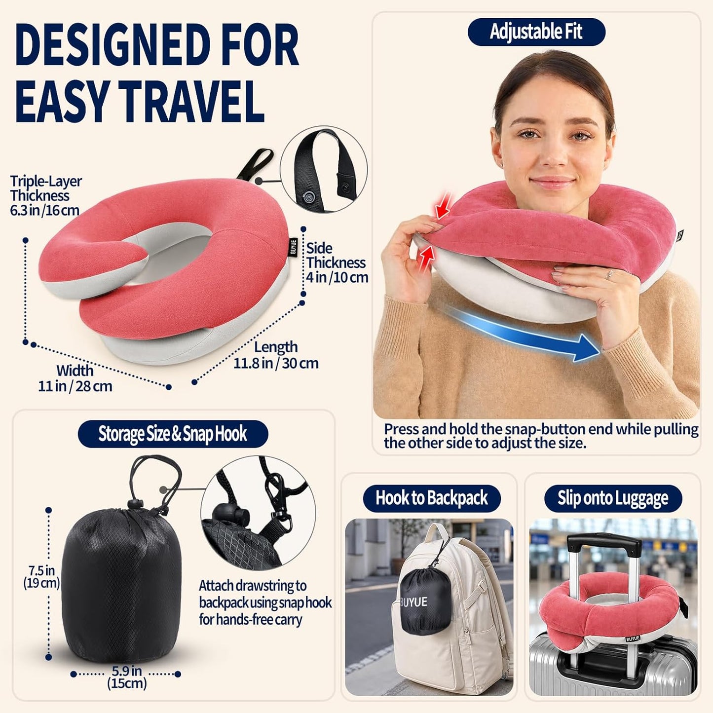 BUYUE Travel Neck Pillows for Airplanes, Memory Foam 360° Head Support Sleep for Long Flight, Skin-Friendly & Breathable, Kit with Eye Mask, Earplugs and Storage Bag (Adult, Grey, 90+ lbs)
