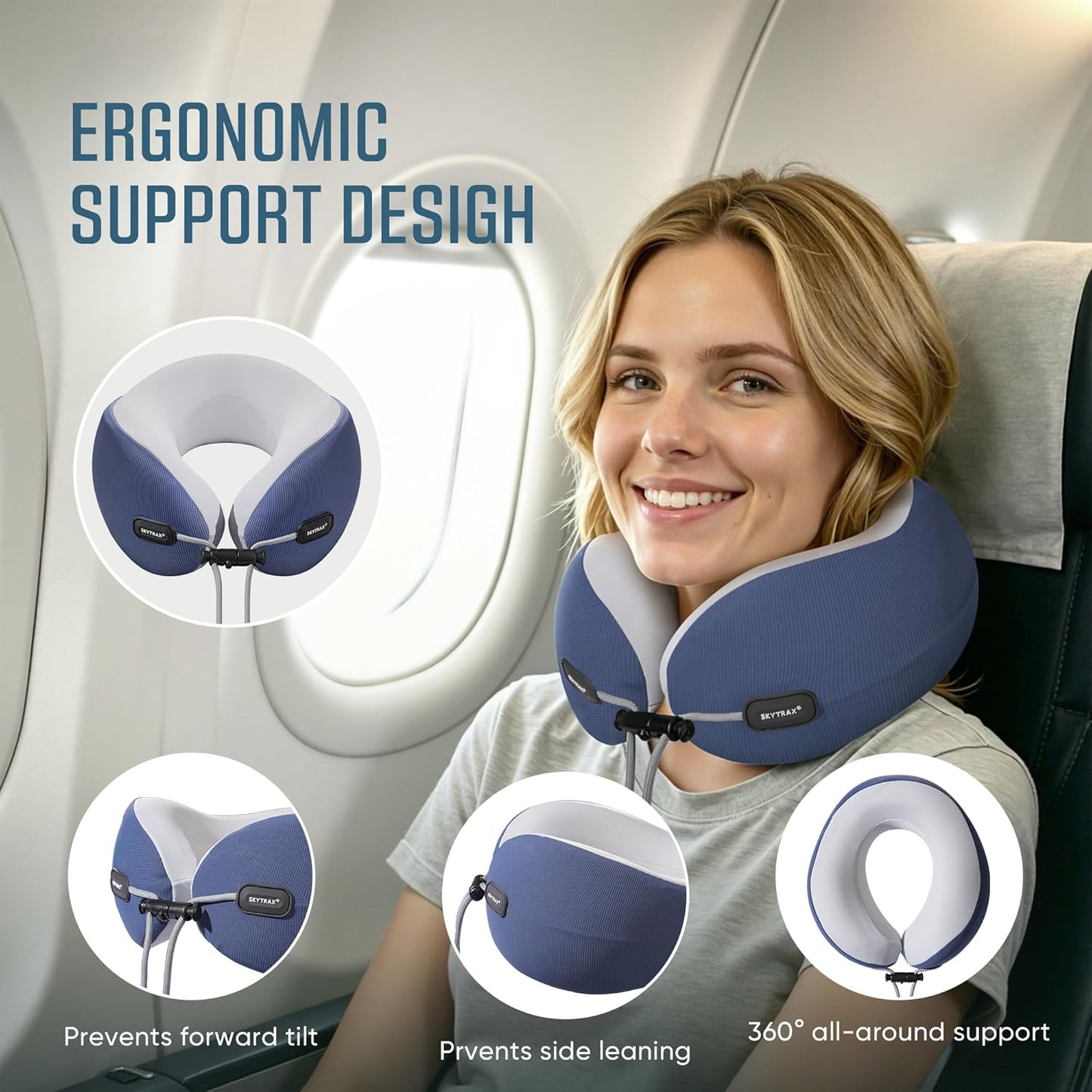 SKYTRAX COMF® Premium Ergonomic Memory Foam Travel Neck Pillow, Washable Cooling Ice Silk Cover, Firm Neck Support for Airplane Long Flights & Pain Relief, with Portable Carry Case (Grey)