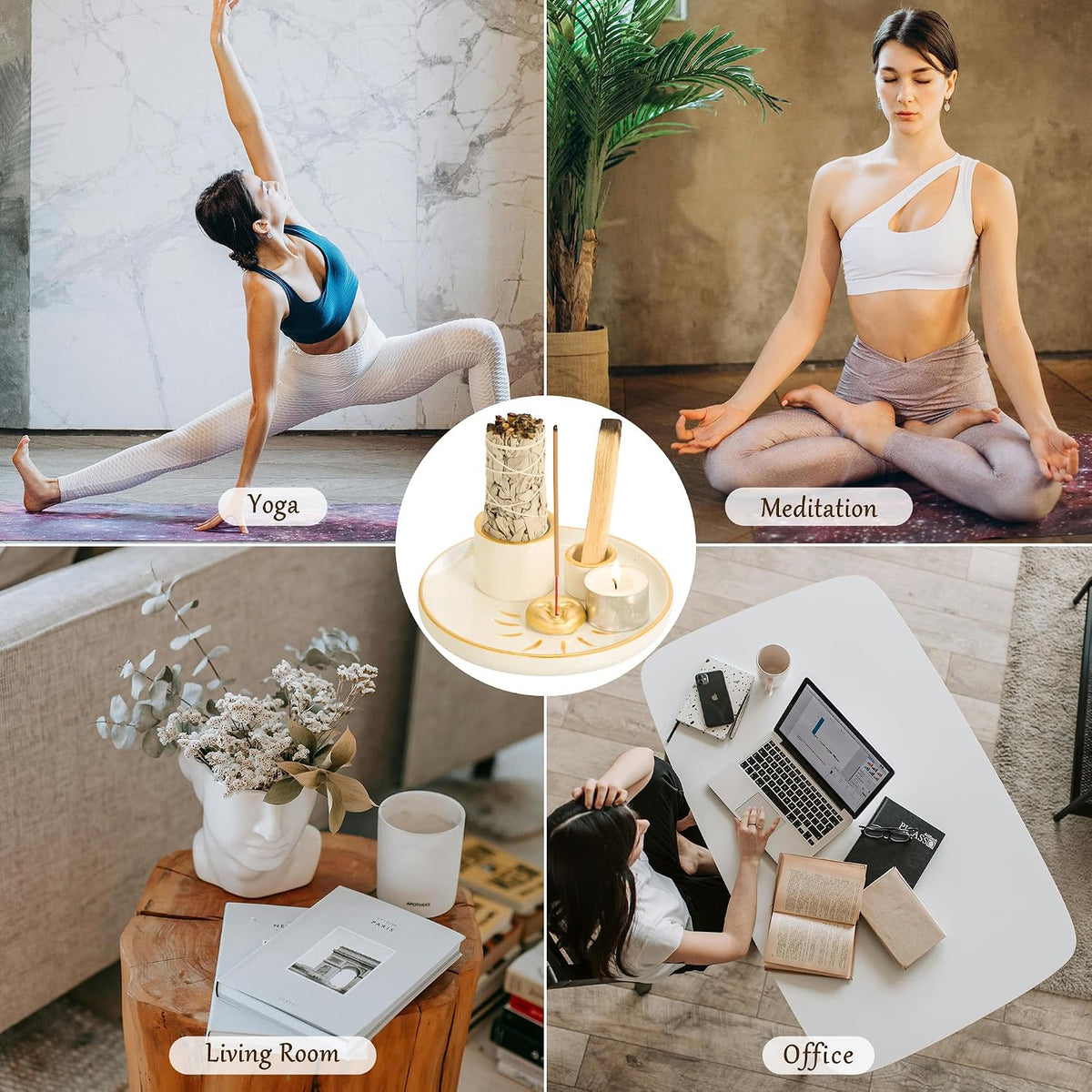 ZenBless Multifunction Incense and Candle Holder for Burning Sage, Palo Santo, Incense Sticks - 5.9" Ceramic Ash Catcher Tray for Meditation Room Home Decor Spritual Gifts (Gold)