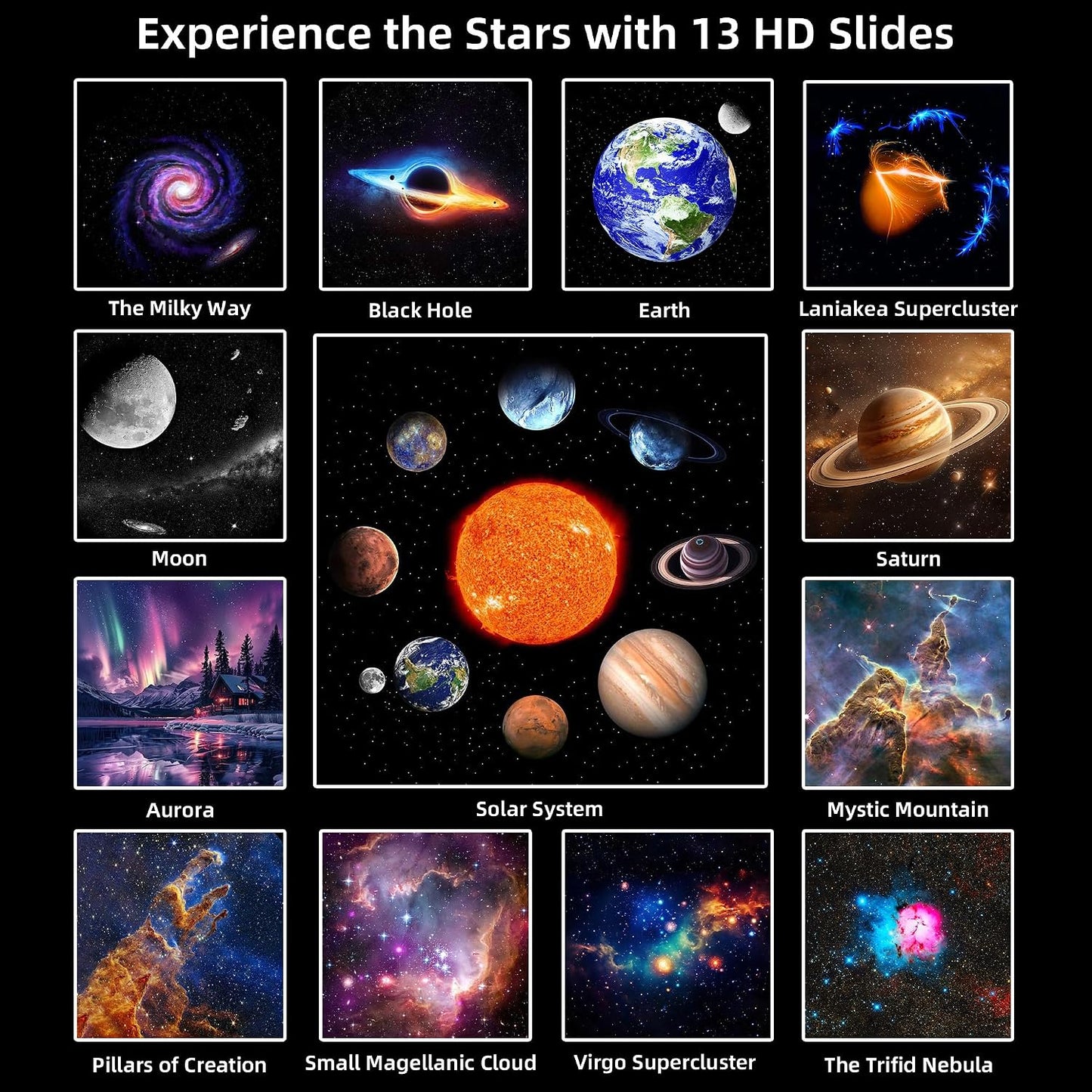 Galaxy Projector for Bedroom, HD Image Star Projector Galaxy Light Adjustable Knob, 13 Film Discs Planetarium Projector for Kids, 360° Rotating 1/2h Timer Simple 3-Button Control Black&White