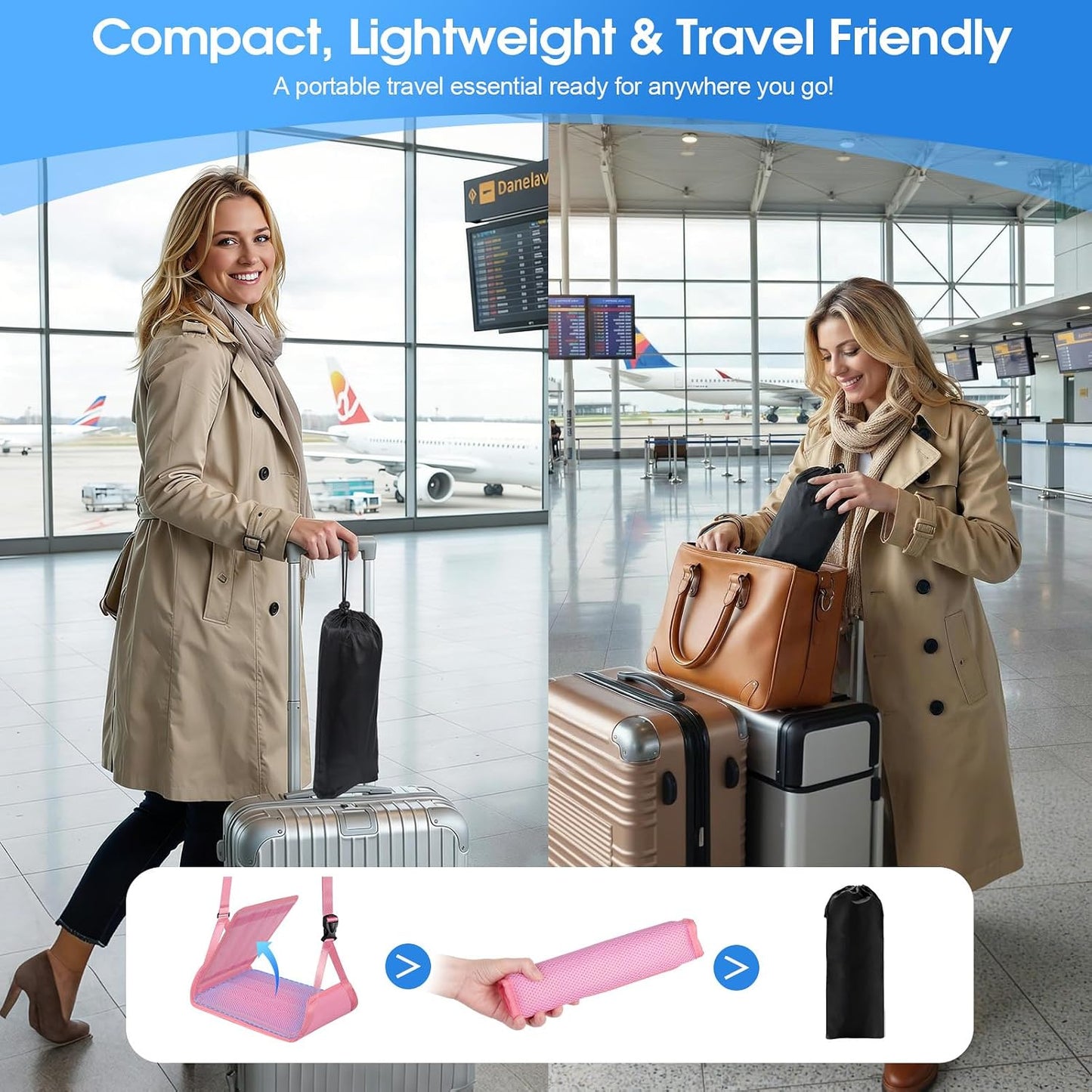 ExploreBliss Airplane Foot Rest - Lightweight Foot Hammock for Plane Travel with Adjustable Strap & Thick Board, Tray Table Under Desk Footrest to Relax Feet, Travel Essentials for Long Flights(Black)