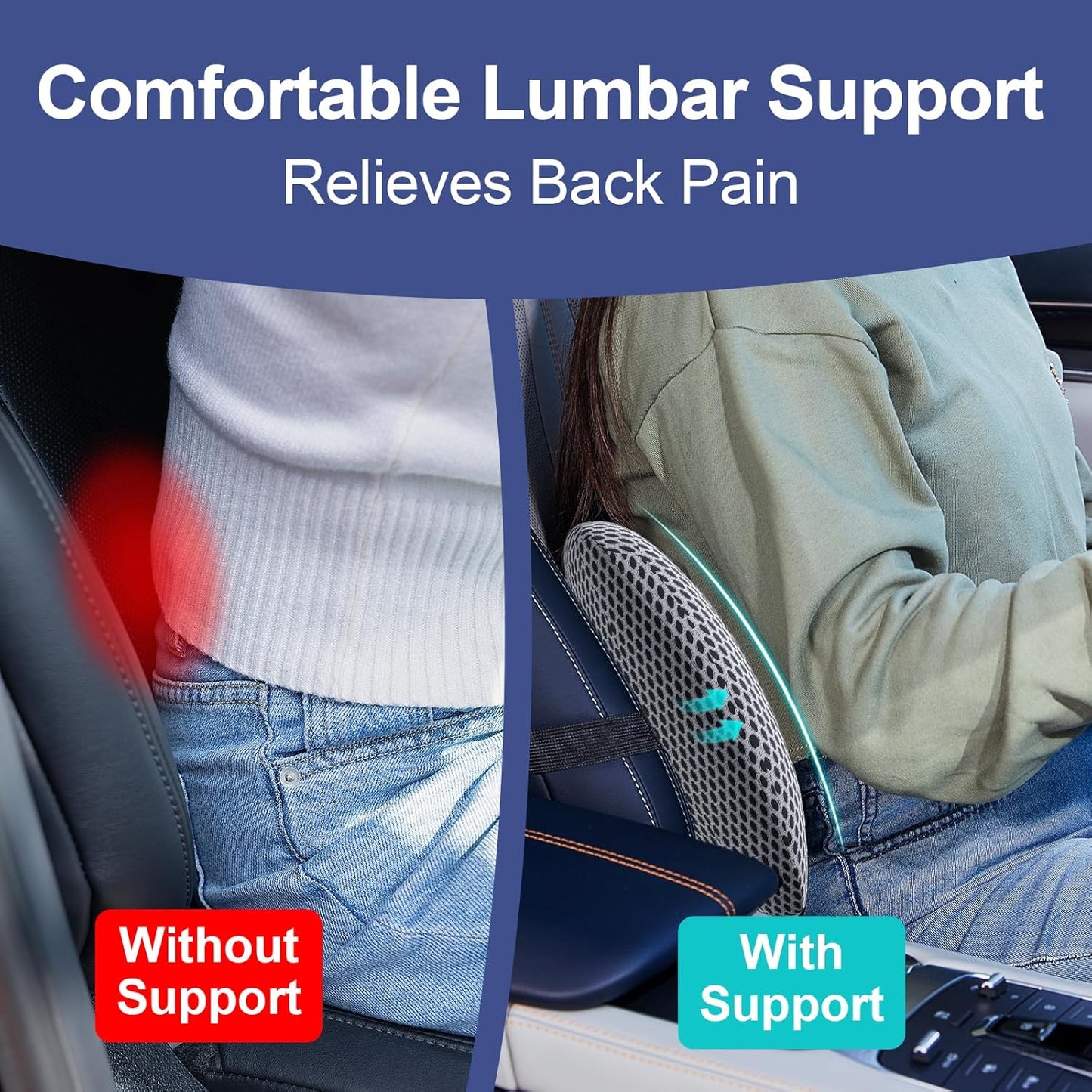 BYMECOST Lumbar Support Pillow for Car, Memory Foam Car Seat Back Support Pillow for Driving, Back Cushion with Strap for Pain Relief, Ergonomic Back Cushion for Office Chair, Wheelchair (Black)