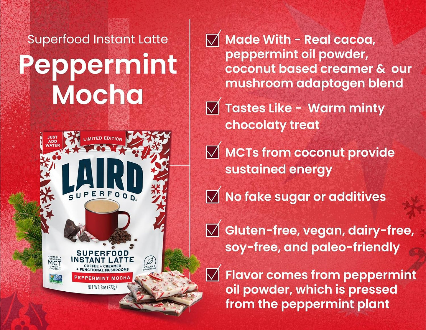 Laird Superfood Chai Instant Latte with Adaptogens - Instant Chai Tea Powder with Superfood Coconut Creamer - Gluten Free, Non-GMO, Vegan, 8 oz. Bag, Pack of 1