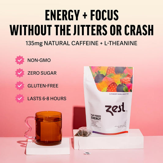 Zest Energy Green Tea - Superberry Samba - High Caffeine Strawberry, Acai, & Passion Fruit Tea - Caffeinated Coffee Alternative with Antioxidants - Natural, Non-GMO & Keto - 20Ct Pack - 135mg Caf