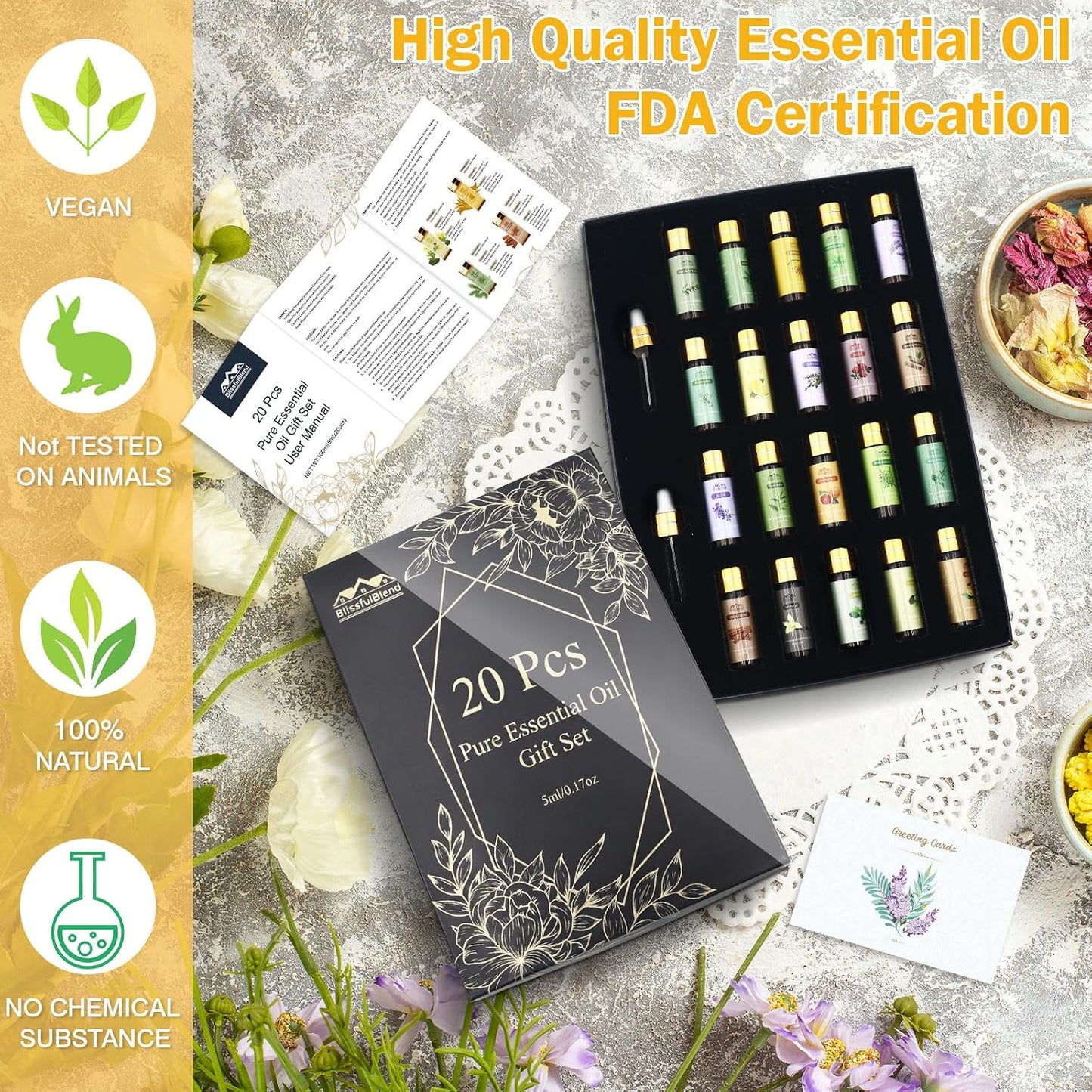 Fragrance Essential Oils Set, Essential Oils for Diffuser, for Home, Skin, Candle & Soap Making-Tea Tree, Lavender, Peppermint, Rose and More, with Gift Card for Friend, Teacher, Mom(20×5ml