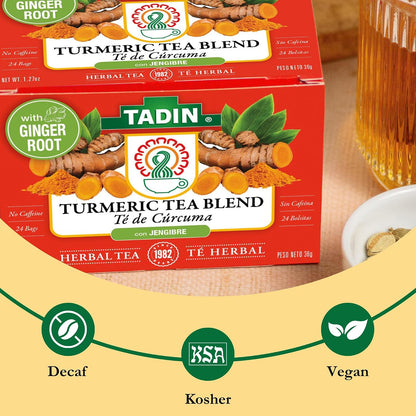 Tadin Turmeric Tea Blend, Herbal Tea, Caffeine Free Tea, Decaf Tea, Tea Packets for Hot Tea, 24 Tea Bags Per Box, Pack of 6