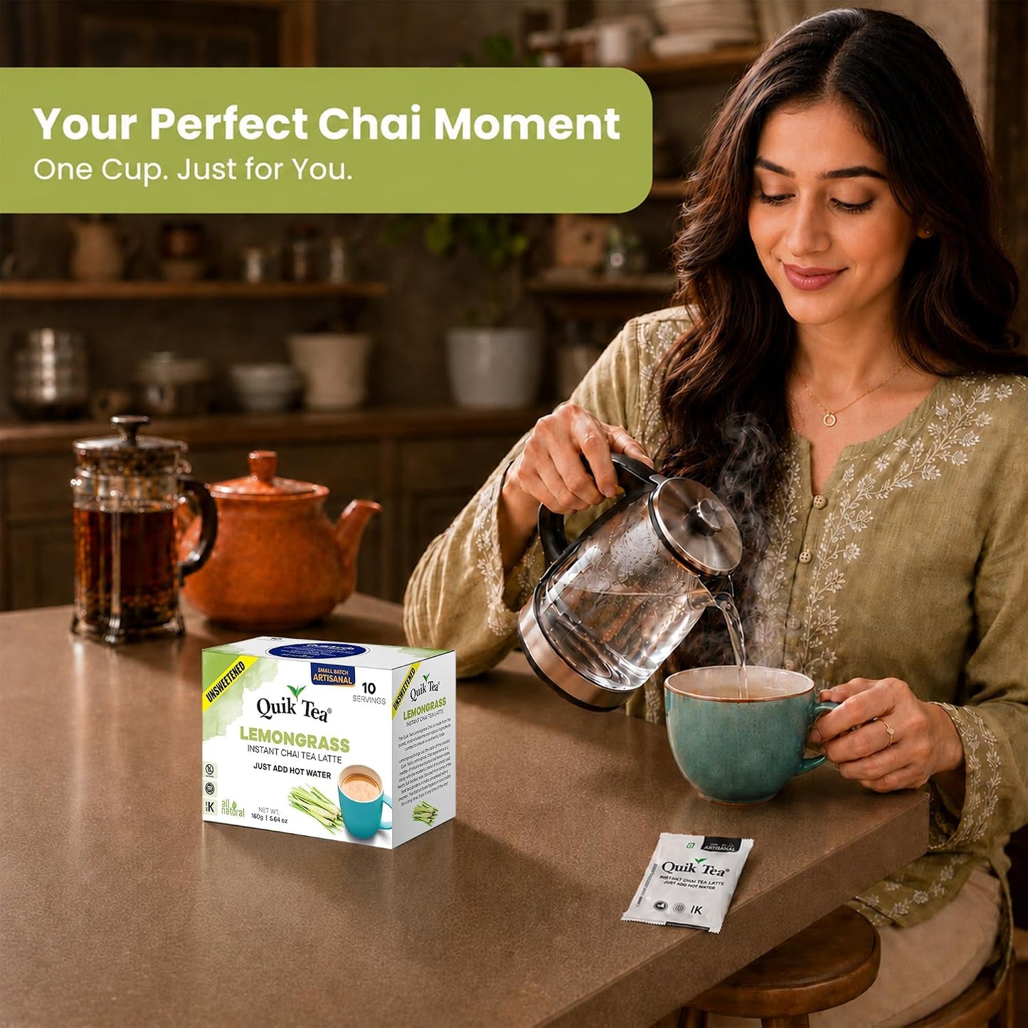 QuikTea Instant Chai Tea Latte Mix, Lemongrass, Unsweetened, 10 Sachets