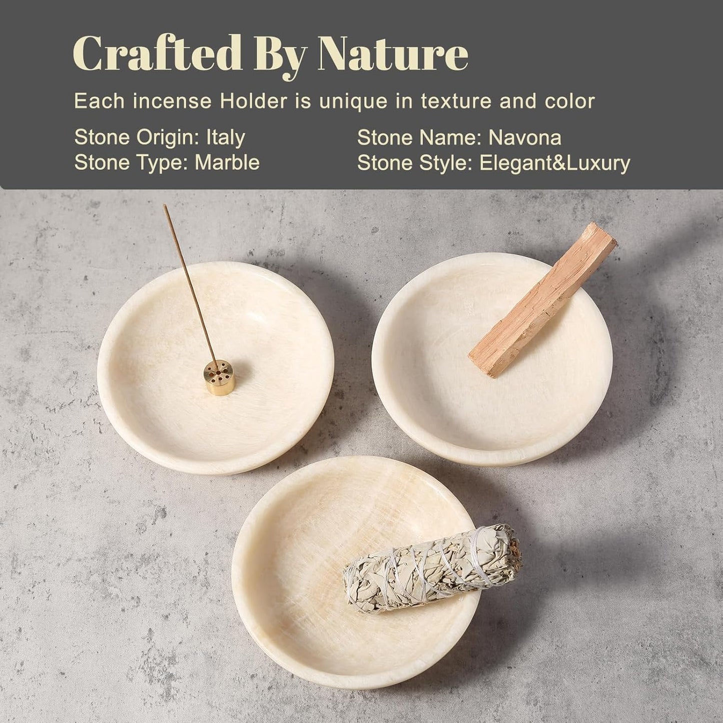 Koville Natural Marble Incense Holder, Incense Holder for Sticks with 9 Holes, Handmade Incense Burner Ash Catcher for Meditation Yoga SPA, Balsam Fir/Palo Santo/Sage/Cone (White)