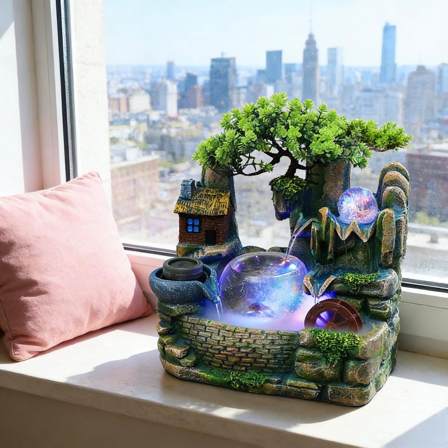 Mini Artificial Bonsai Tree Waterfall Fog Feature Rock Tabletop Fountain | 11in Desktop Decor Waterfall Fountain W/ Water Pump& Atomizer&LED Lights &Fake Tree Office Bedroom Relax