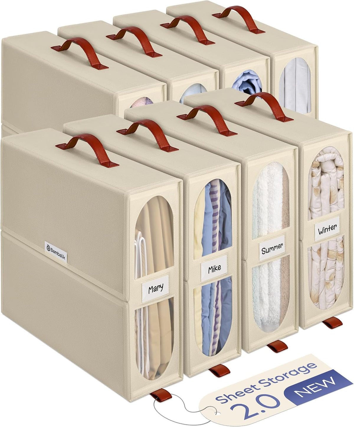 4x Bed Sheet Organizer Storage Boxes with Big See-Through Windows - Bedsheet Organizers Redesigned. Robust Bed Sheet Storage -15x13x5 in. Sheet Organizers Containers (Off-White)