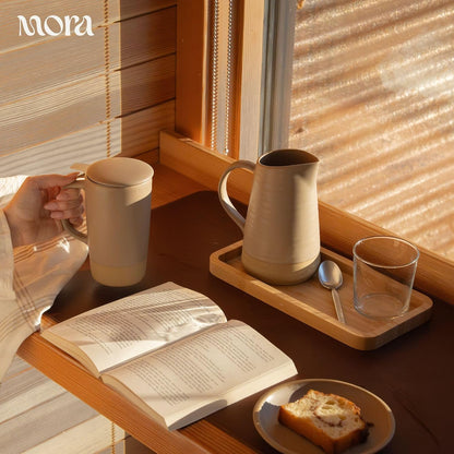 Mora Ceramics Large Tea Mug with Loose Leaf Infuser and Ceramic Lid, 18 oz, Portable, Microwave and Dishwasher Safe, Tall Coffee Cup - Rustic Matte Ceramic Glaze, Modern Herbal Tea Strainer, Olive