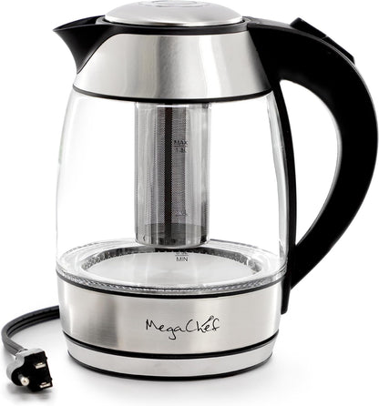 MegaChef Electric Watter Boiler/Tea Kettle (Glass, Silver, 1.8 Liter)