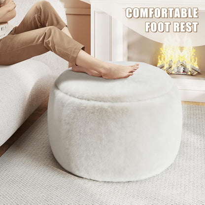 Round Stuffed Pouf Ottoman Foot Rest, Faux Fur Poufs with Memory Foam Filling, Ottomans for Living Room, Nursery, Dorm, Soft Foot Stool Ottoman for Couch, Perfect for Resting Your Feet (Grey, 20 Inch)
