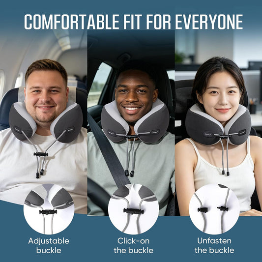 SKYTRAX COMF® Premium Ergonomic Memory Foam Travel Neck Pillow, Washable Cooling Ice Silk Cover, Firm Neck Support for Airplane Long Flights & Pain Relief, with Portable Carry Case (Grey)