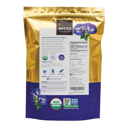 INCAS 100% USDA Organic Butterfly Pea Flower 1.76 oz (150+ Cups) DIRECT FROM SOURCE Thailand Non GMO Verified Dried Caffeine Free Gluten Free Vegan Rich in Antioxidants Free eBook (50G)