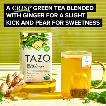 TAZO Organic Green Tea, Green Ginger, Caffeinated Tea, 16 Total Bags (Pack of 2)
