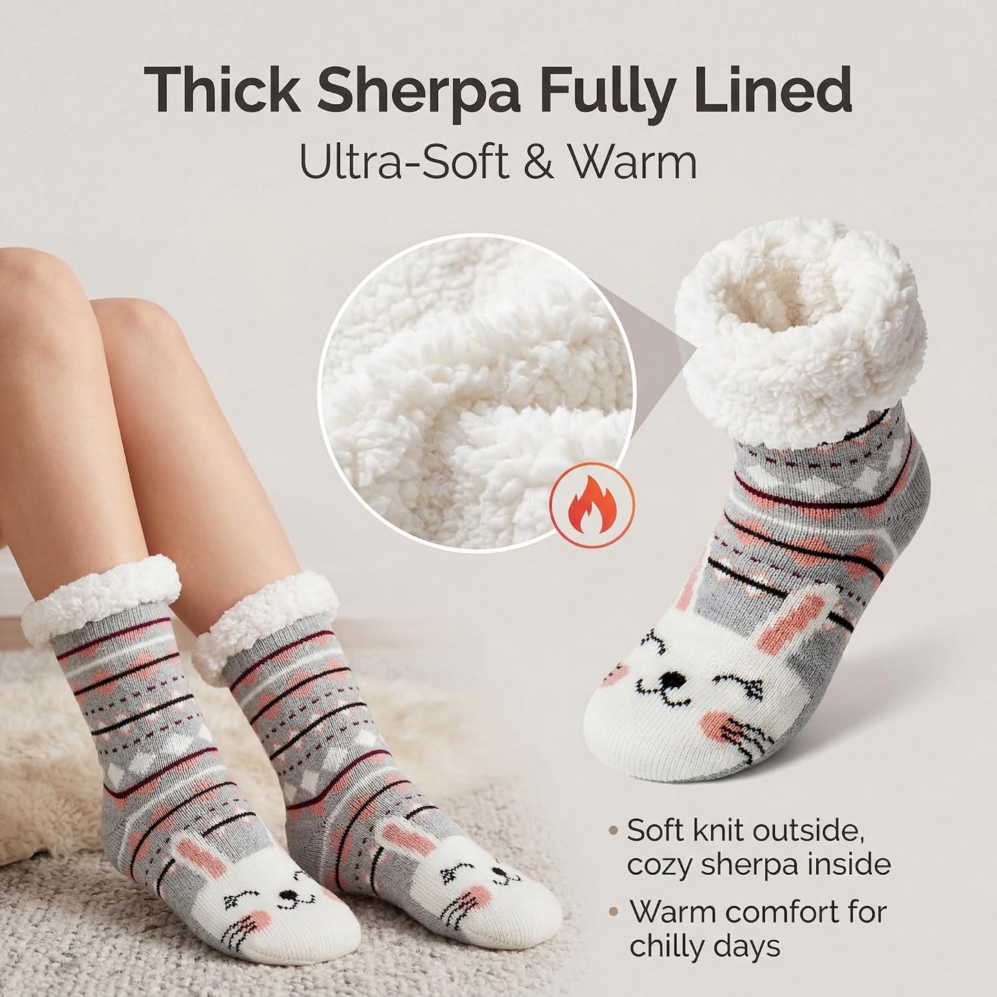 cosyone1997 Fuzzy Slipper Socks for Women Kids with Grips, Cute Animal Sherpa Lined Non-Slip Cozy Winter Socks Gifts