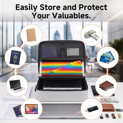Fireproof Document Box With Lock, 16 Pocket Document Organizer