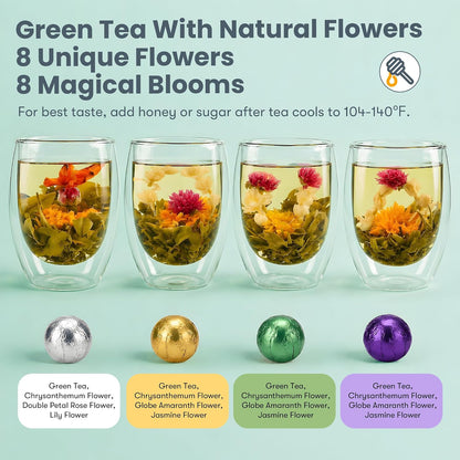 Blooming Tea Gift Set with Double-Walled Glass Teacup, 8 Handcrafted Flowering Tea Balls, Artisan Green Tea and Flower Varieties, Perfect Birthday and Anniversary Gift for Tea Lovers