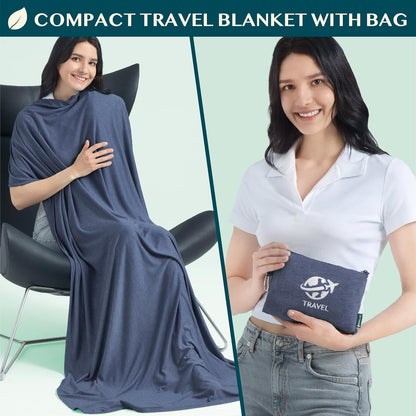 PAVILIA Travel Blanket Airplane Compact Pillow with Bag for Flights, Navy
