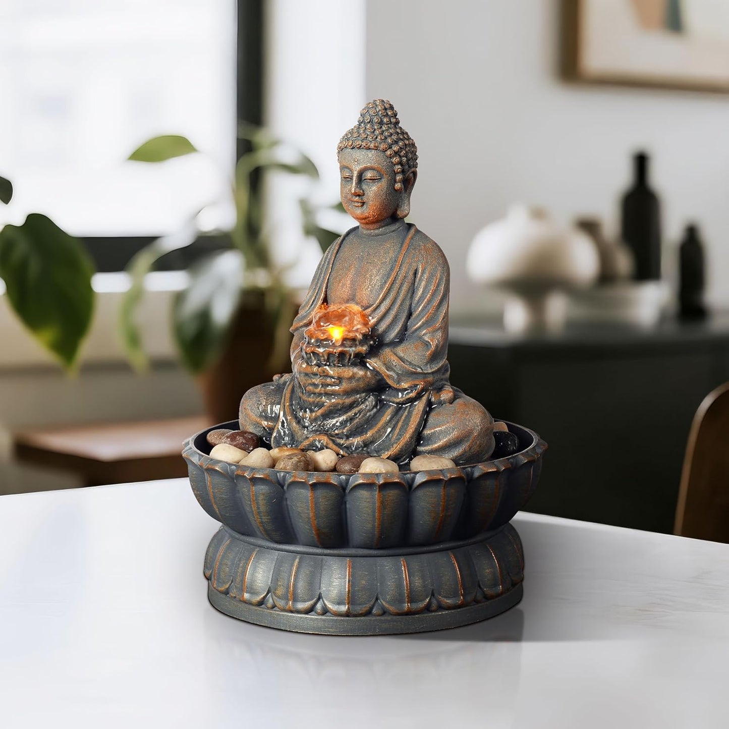 Kalona Home Décor 9.6" Tabletop Fountain Exquisite Smile Sitting Buddha Fountains Desk Water Fountain Decorative Zen Fountain w/Reflective Lighting/Cobblestone Office and Home Decor(21125A)