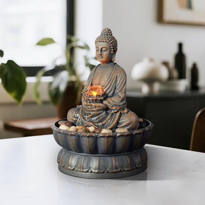 Kalona Tabletop Water Fountain with Buddha, LED Light Indoor Waterfall