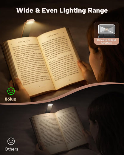 86lux Book Light, Rechargeable Clip-On LED Reading Light for Bed & Night Use - 3 Color Temperatures with Stepless Dimming, Ultralight Bookmark Design for Book Lovers, Grey
