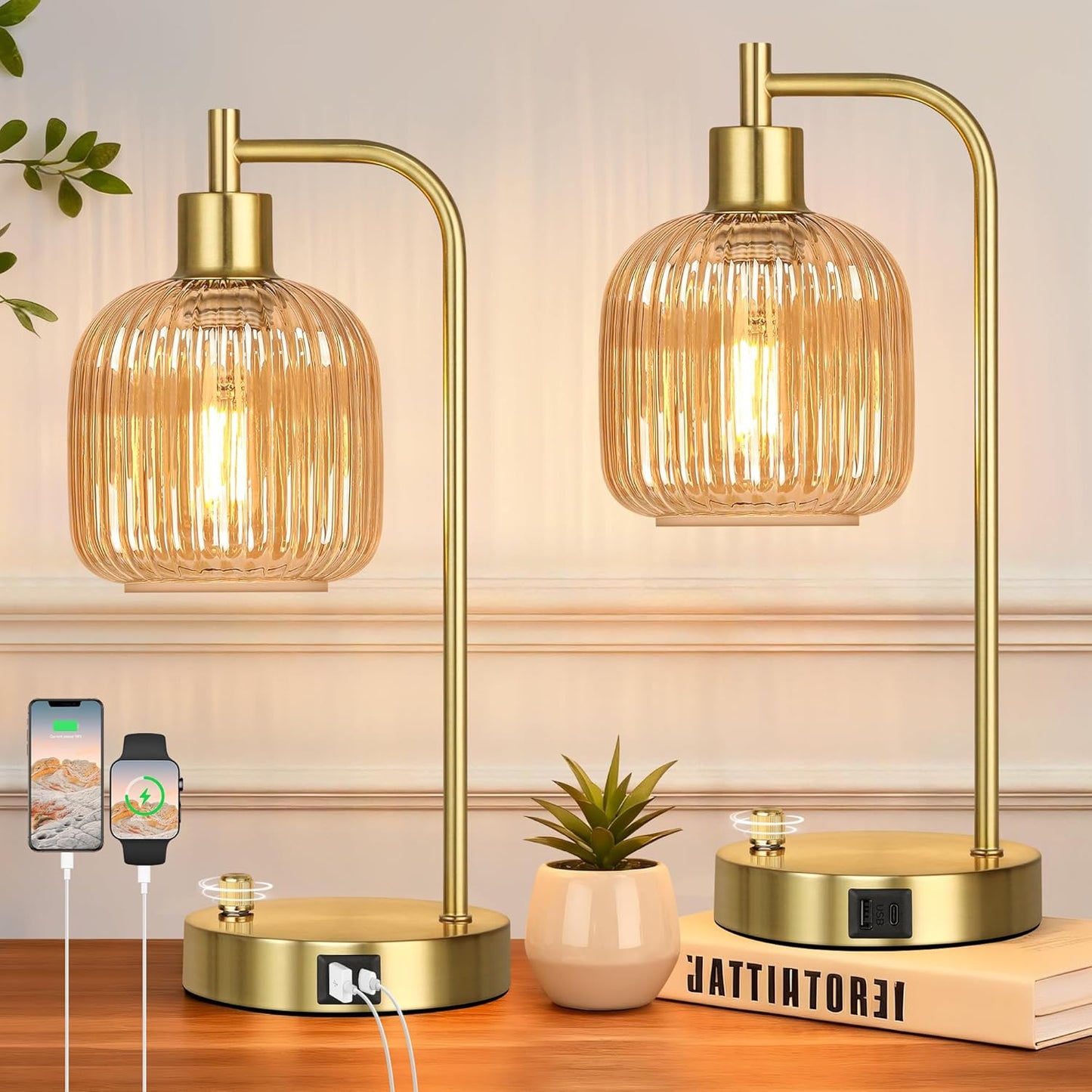 QiMH Industrial Table Lamp for Bedroom Set of 2, Green Glass Beside Lamp with USB A&C Ports, Stepless Dimmable Gold Lamps, Nightstand Lamps for Living Room, Office, Home Decor(Bulb Included)