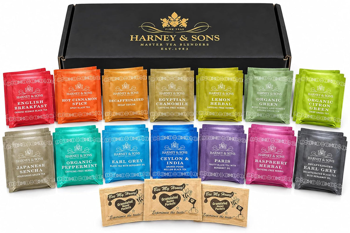 Harney & Sons Assorted Tea Bag Sampler Bundle 42 Count With Honey Crystal Packs Great for Birthday, Hostess and Co-worker Gifts, Tea Set Gifts, Tea Variety Pack
