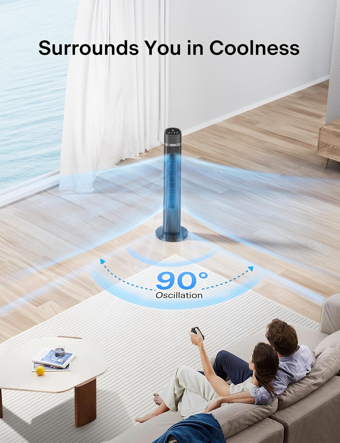 PELONIS 40 inch Bladeless Tower Fan for Bedroom, Standing Fan with Remote Control, 26ft/s, 90° Oscillation, 3 Speed Settings, 27dB, 3 Modes, 15-Hour Timer, LED Display, Fan that Blows Cold Air, White