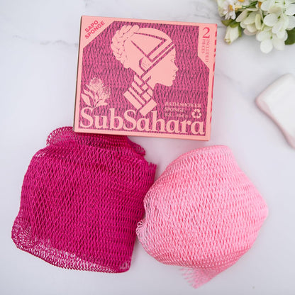 SubSahara Authentic African Net Sponge - 2 Pack Exfoliating Bath & Shower Loofah Sponge for Body & Face, Gentle Scrubber for All Skin Types, Travel, Durable Polyester (Olive Green & Light Green)