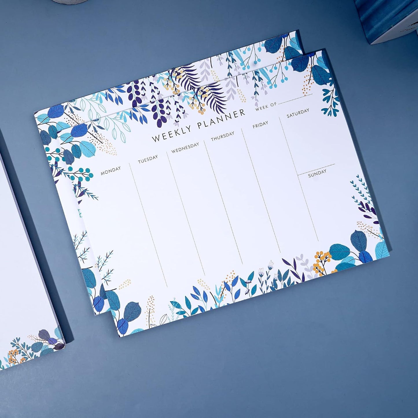Weekly Planner Notepad Tear Off Set of 2 Weekly Calendar Pad 52 Undated To Do List Notepad Sheets Desk Planner Planning Pads Productivity Tracker for Work Goals Notes Schedule Ideas, Floral Blue