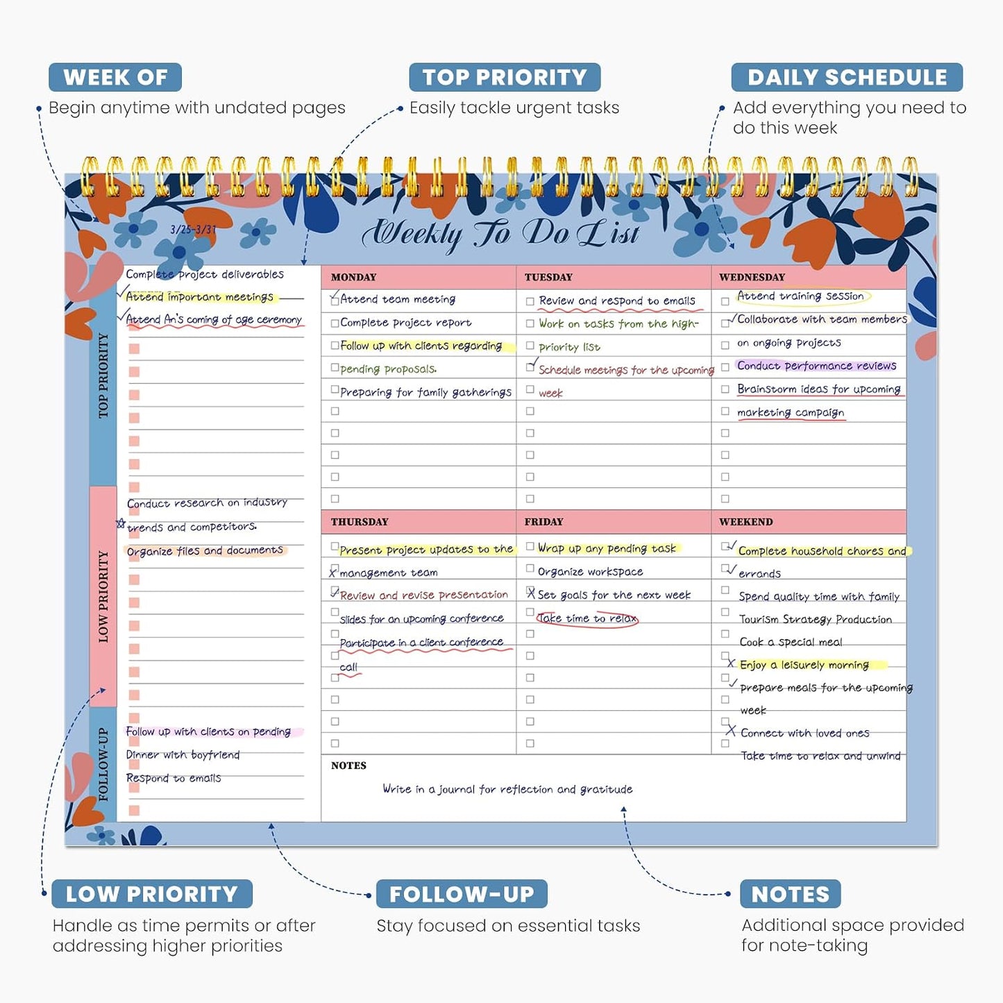 Weekly To Do List Notepad with 52 Undated Sheets（8.5"×11"）- Undated Weekly Planner Notepad for Office Desk Accessories and Supplies - Sunshine Petal