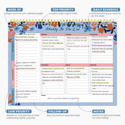 Weekly To Do List Notepad with 52 Undated Sheets（8.5"×11"）- Undated Weekly Planner Notepad for Office Desk Accessories and Supplies - Sunshine Petal