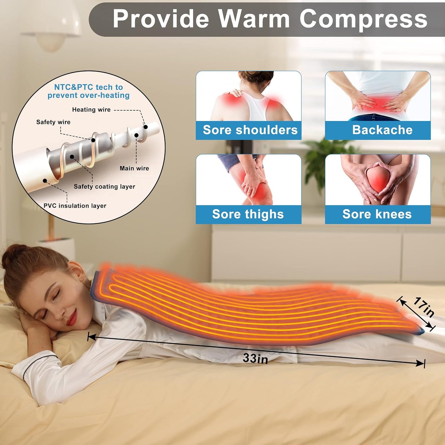 Heating Pad Electric Heat Pad, Hot Heated Pad,Multiple Temp and Timer Settings,Suitable for Shoulders, Neck, arms, Abdomen, Back, Legs, etc. (Silver Gray, 24"X12")