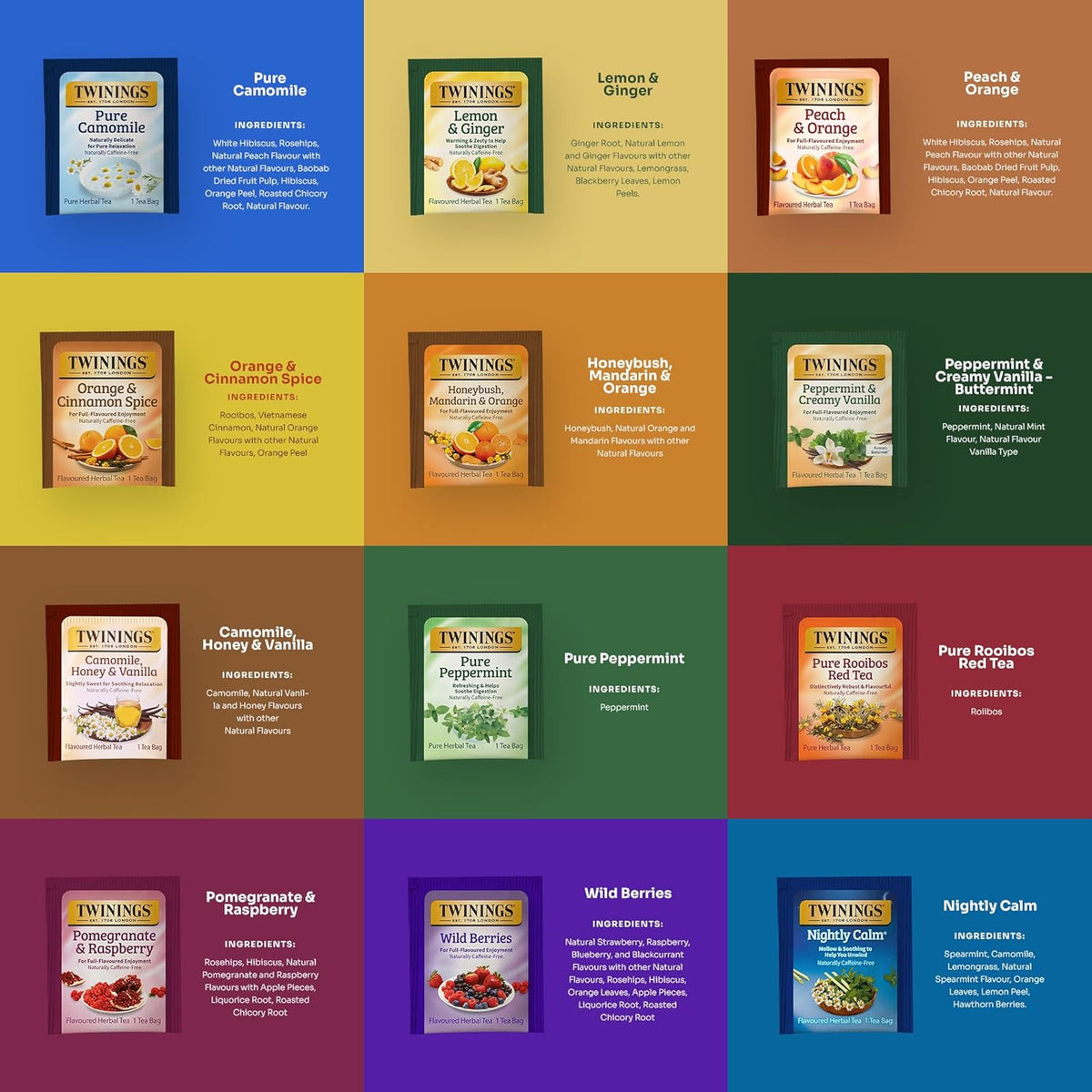 Twinings 48 Tea Bags Herbal Variety Pack – 12 Caffeine-Free Flavors + 20 Honey Sticks, Relaxing Herbal Tea Gift Set for Tea Lovers, Bedtime & Daily Wellness