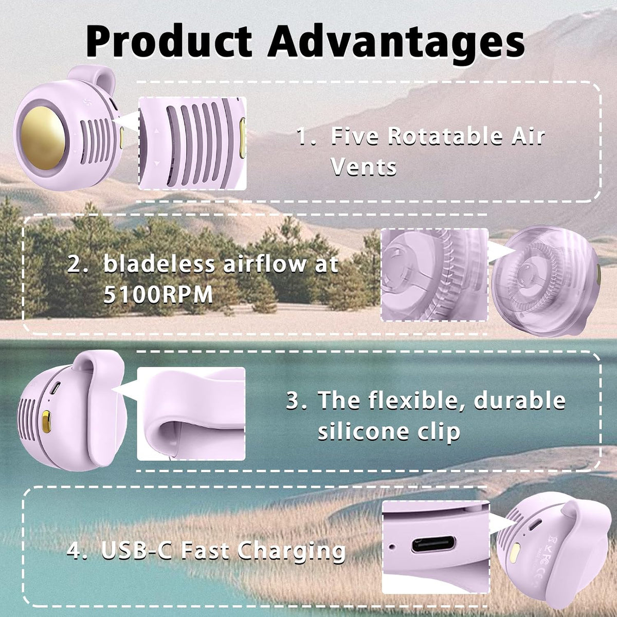 Portable Clip-On Fan, Mini USB Rechargeable 360° Rotatable Fan, Personal Fan 3-Speed Silent Mini Bladeless Fans (White)