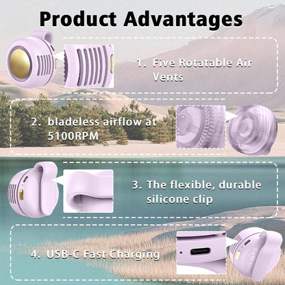 Portable Clip-On Fan, Mini USB Rechargeable 360° Rotatable Fan, Personal Fan 3-Speed Silent Mini Bladeless Fans (White)