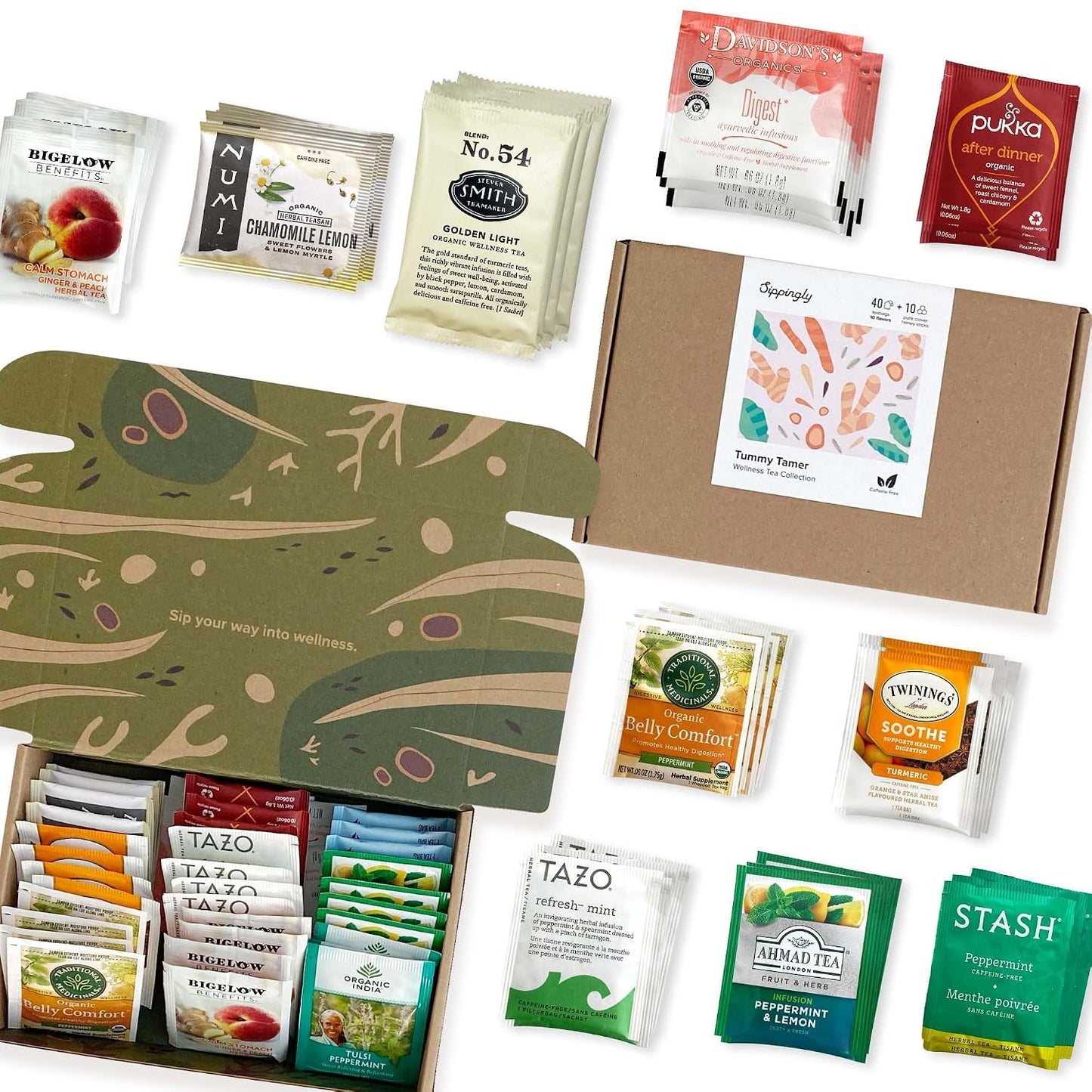 Sippingly Night Time Tea Sampler – 40 Herbal Teas – 10 Flavors from Top Brands – Chamomile, Lavender, Passionflower – Perfect Relaxation & Calm Support – Ideal Wellness Gift – Kosher, Gluten-Free