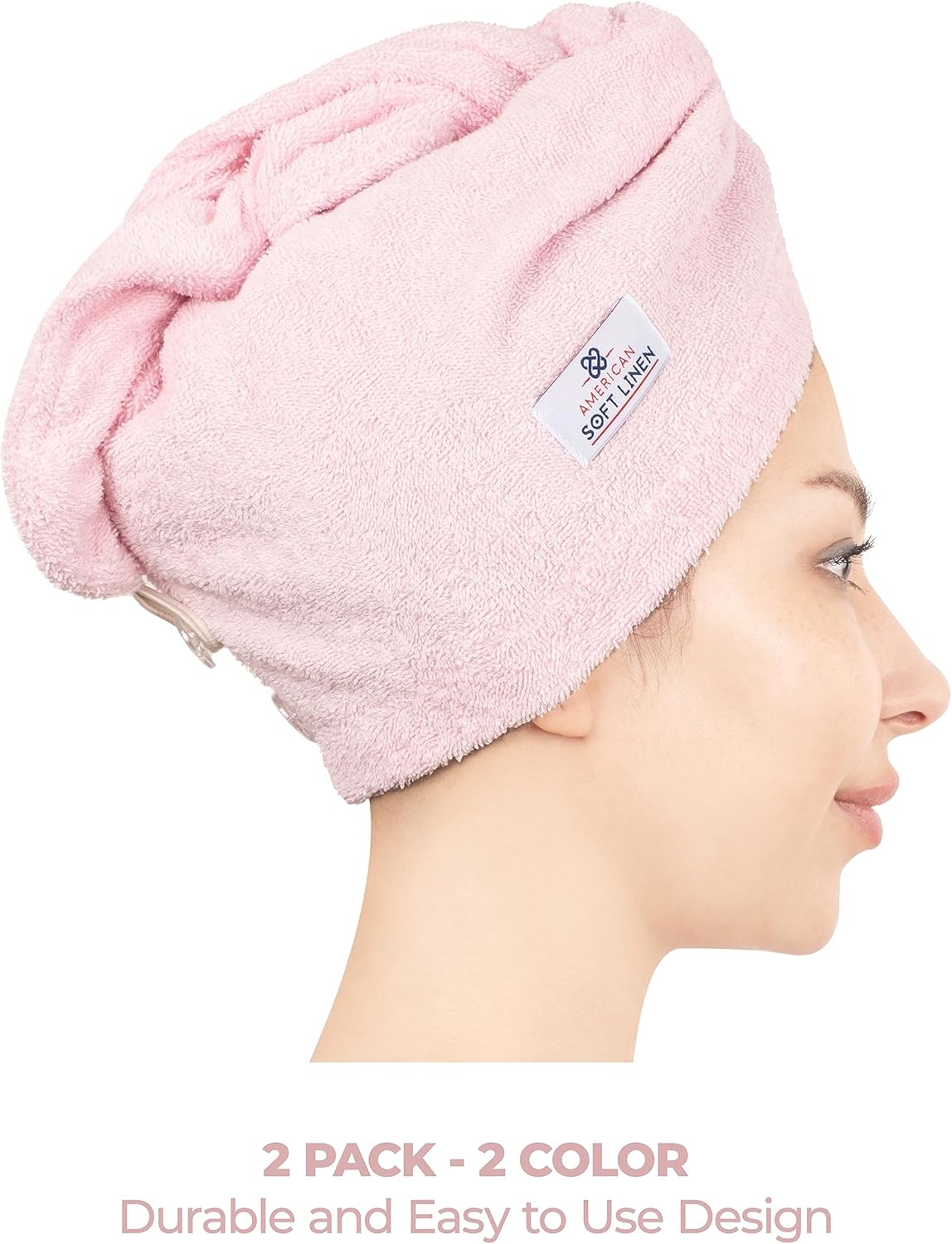 American Soft Linen 100% Cotton Hair Towels for Women, Head Towel Cap, Cotton Hair Turban Towel Wrap for Long Curly Anti Frizz Hair, Soft and Absorbent Cotton Hair Towels 2 Pack, White