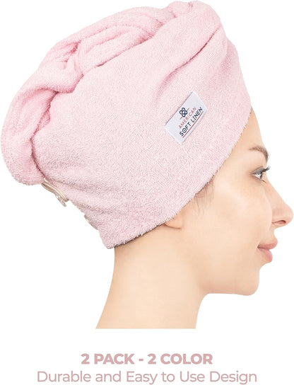 American Soft Linen 100% Cotton Hair Towels for Women, Head Towel Cap, Cotton Hair Turban Towel Wrap for Long Curly Anti Frizz Hair, Soft and Absorbent Cotton Hair Towels 2 Pack, White