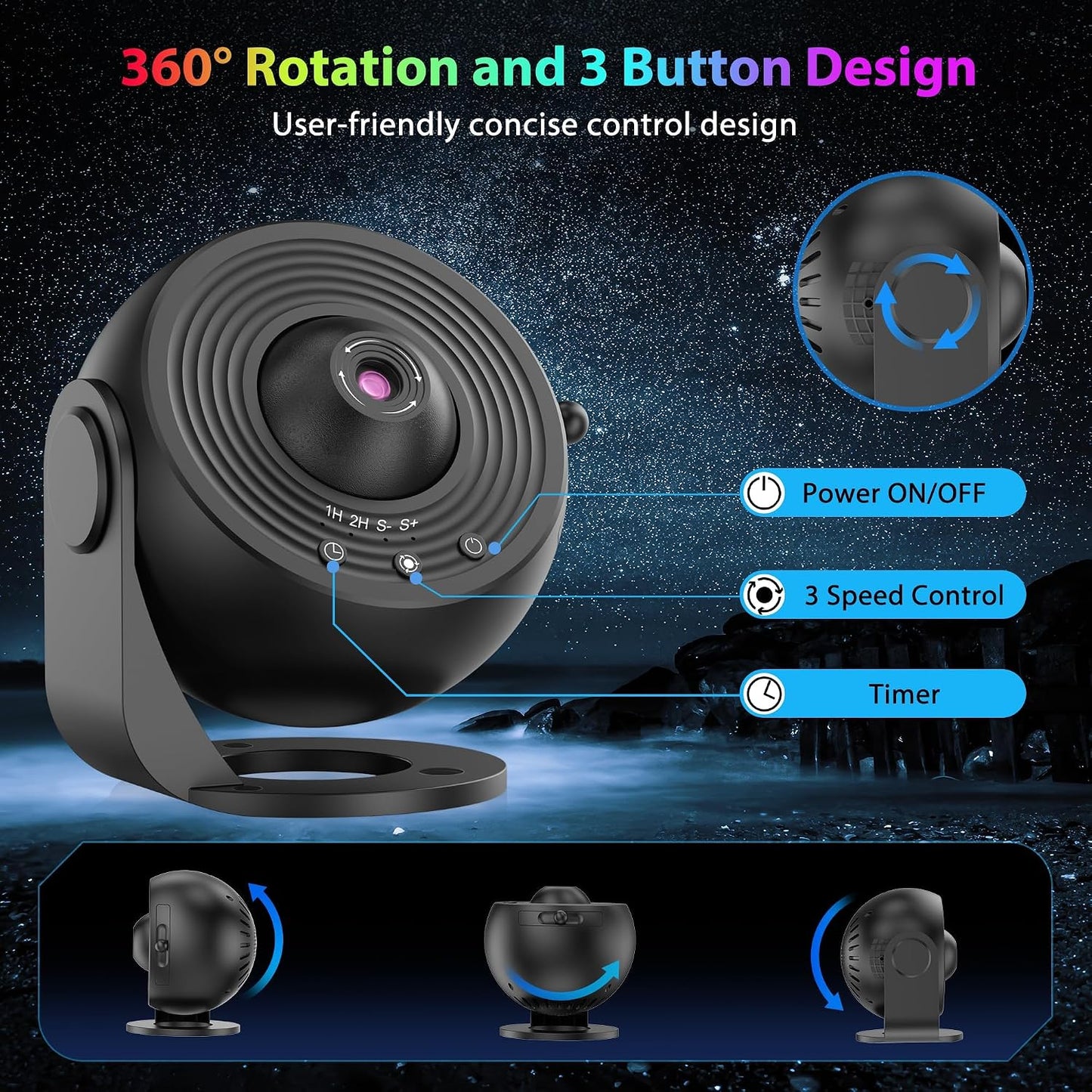Galaxy Projector for Bedroom, HD Image Star Projector Galaxy Light Adjustable Knob, 13 Film Discs Planetarium Projector for Kids, 360° Rotating 1/2h Timer Simple 3-Button Control Black&White